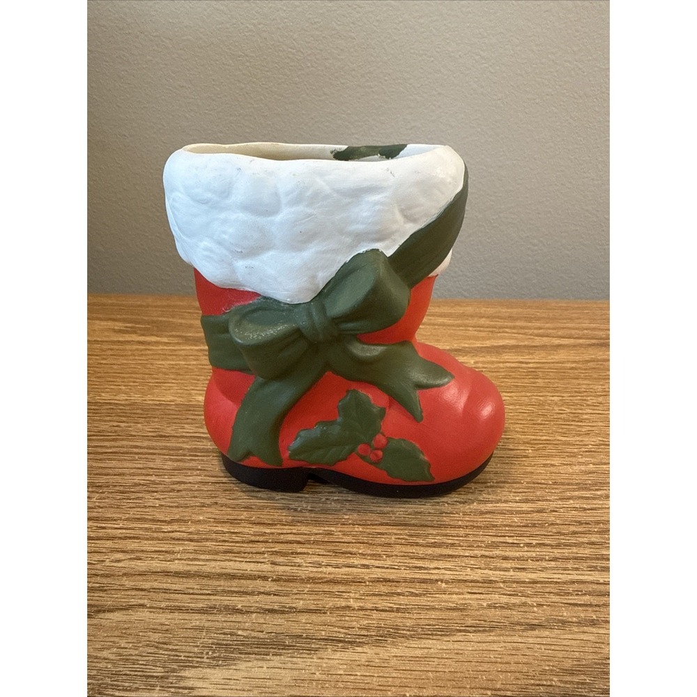 Vintage Hand Painted Ceramic Santa‎ Boot  Geen Bow With Holly And Bow Planter 5"